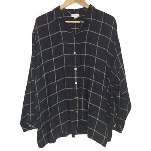 J Jill Button Up Shirt Womens Large Navy Plaid Tunic Collared Rayon